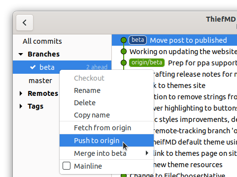 Application screenshot showing gitg's push feature