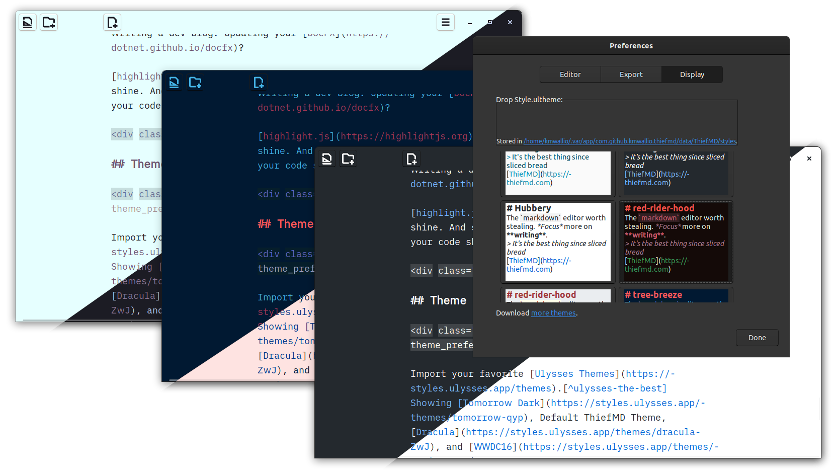 Screenshot of multiple themes for ThiefMD