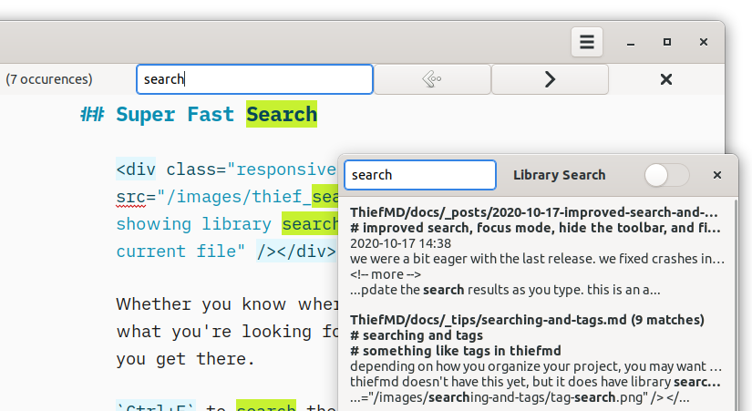 ThiefMD showing library search and highlighting in current file