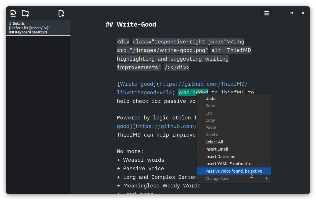 ThiefMD highlighting and suggesting writing improvements