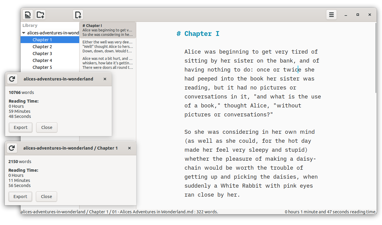 ThiefMD tracking statistics for a whole project and an individual chapter